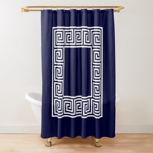 Navy Blue Greek Key Meander Square Shower Curtain
