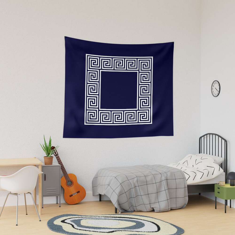 Navy Blue Greek Key Meander Square | Tapestry