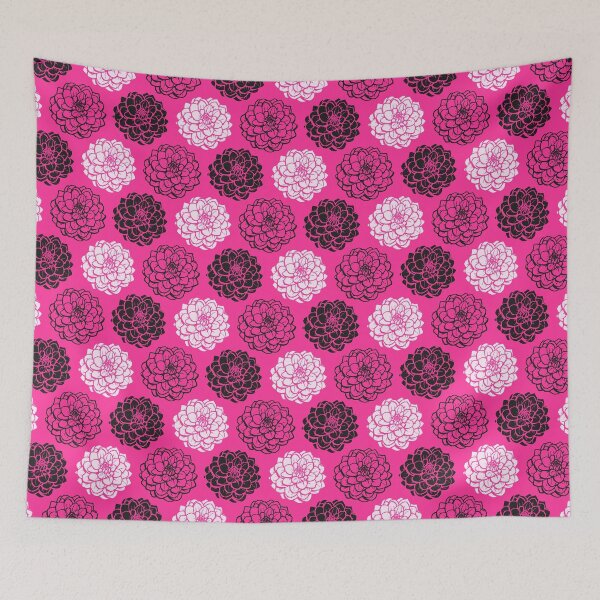 Aperçu de l'œuvre Modèle sans couture de variations de chrysanthème - noir, blanc et rose vif créée et vendue par Artberry.