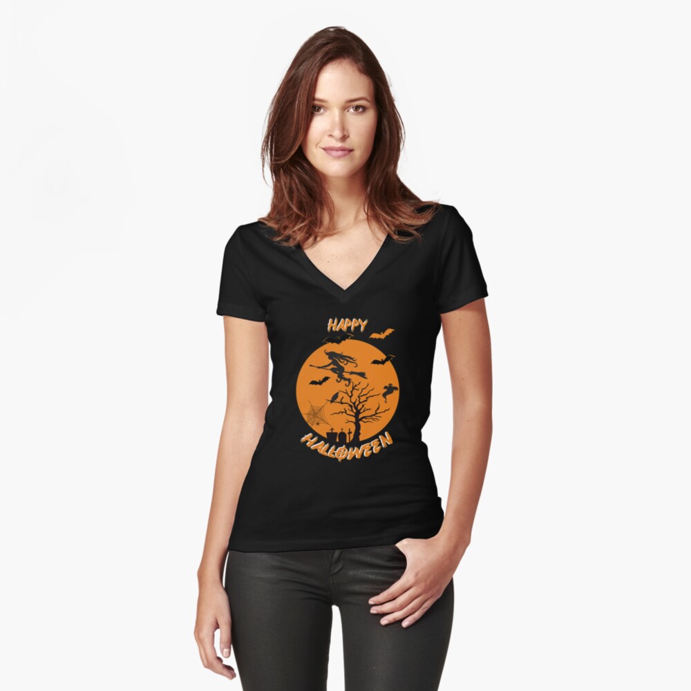 Moonlit Bat Cobweb Gravestone Ghost Spider Witch Broomstick. Fitted V-Neck T-Shirt