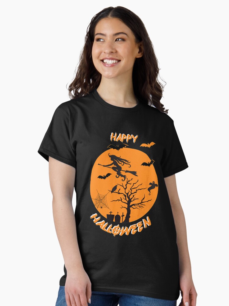 Thumbnail 2 of 7, Classic T-Shirt, Moonlit Bat Cobweb Gravestone Ghost Spider Witch Broomstick. designed and sold by maxxexchange.