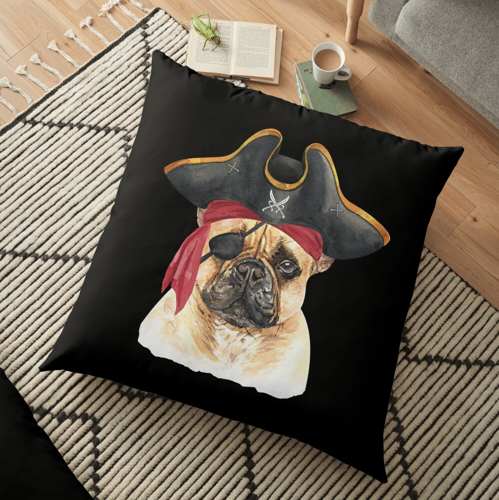Watercolor French Bulldog Pirate Hat Eye Patch Floor Pillow