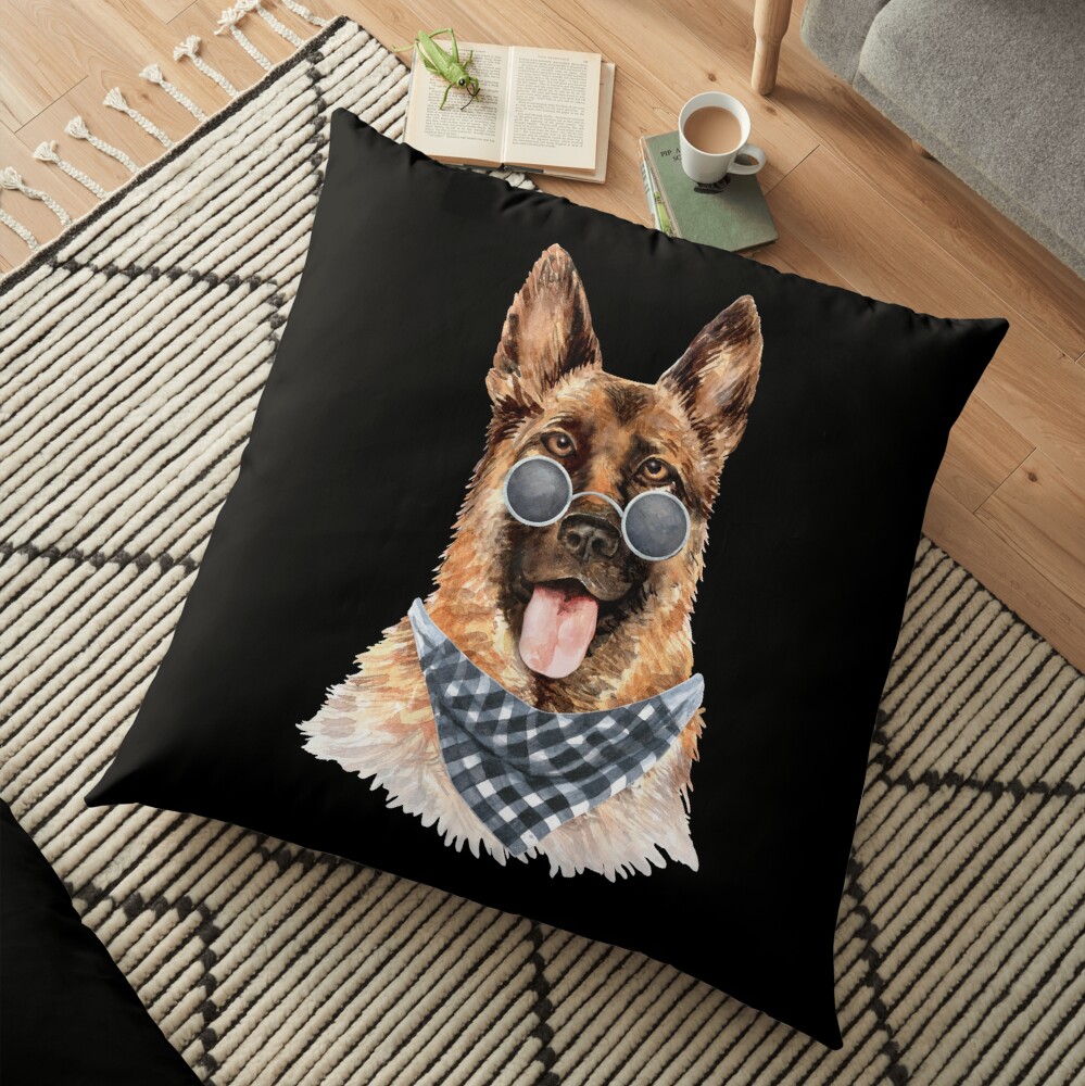 Watercolor German Shepherd Cool Biker Floor Pillow