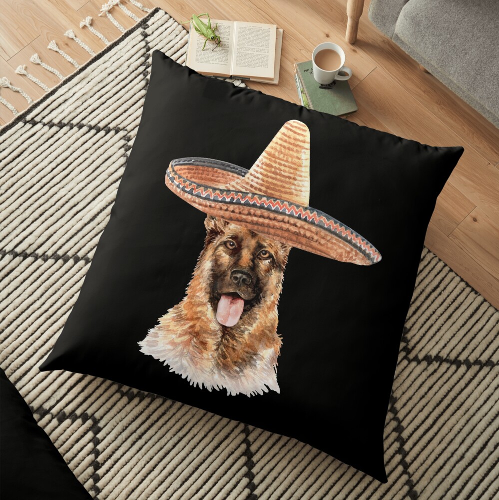 Watercolor German Shepherd Mexican Sombrero Hat Floor Pillow