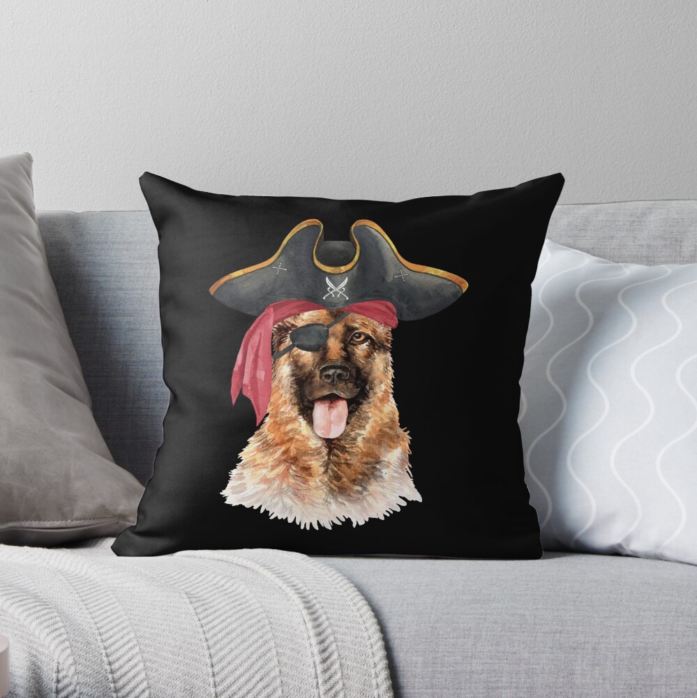 Watercolor German Shepherd Pirate Hat Eye Patch Throw Pillow
