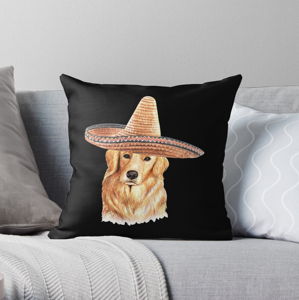 Watercolor Golden Retriever Mexican Sombrero Hat Throw Pillow