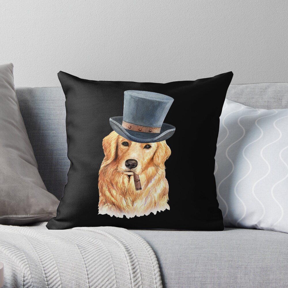 Watercolor Golden Retriever Top Hat Throw Pillow