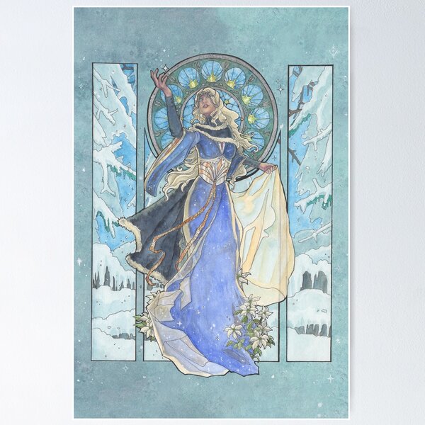 Lady Snowflake Art Nouveau Winter Goddess with Poinsettia and Stained Glass Spirits of Winter Series Poster