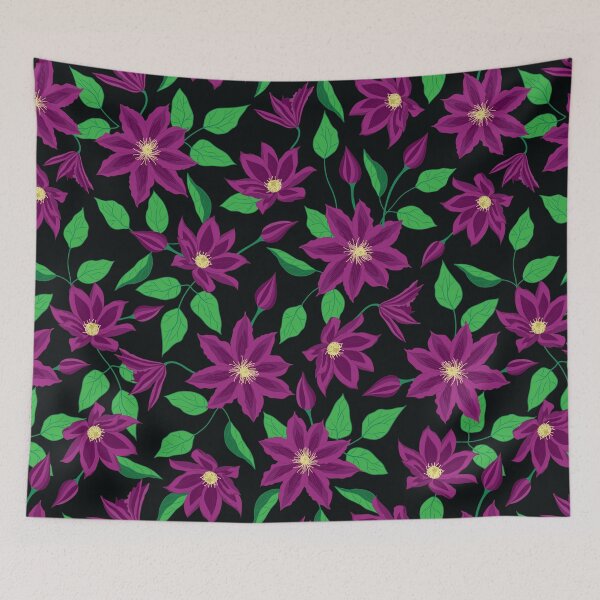 Item preview, Purple clematis flower pattern on black background designed and sold by The Pattern Mill.