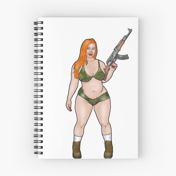 Item preview, Pin-up con curvas en bikini de camuflaje de látex con AK-47 designed and sold by PinUpsandPulp.