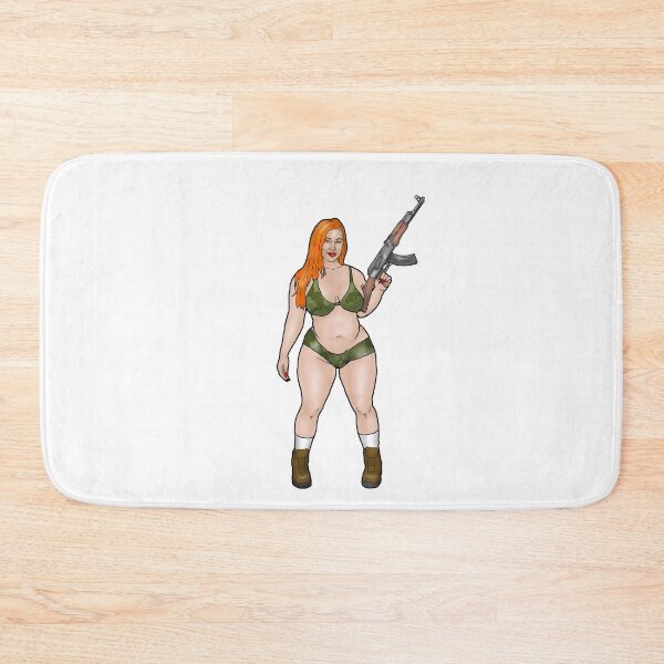 Item preview, Curvy pin-up in a latex camouflage bikini with AK-47 designed and sold by PinUpsandPulp.