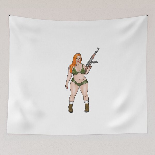 Item preview, Curvy pin-up in a latex camouflage bikini with AK-47 designed and sold by PinUpsandPulp.