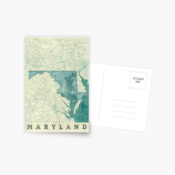 Maryland Map Blue Vintage Postcard