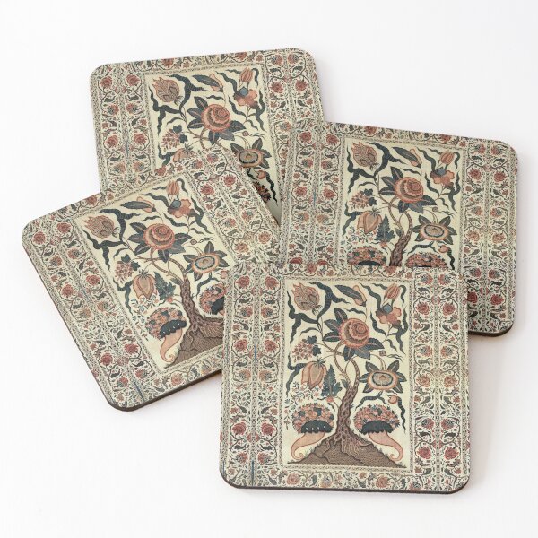 Item preview, TREE WITH BIG FLOWERS AND CORNUCOPIA Antique Embroidery in Green Brown Pink Ivory Hues designed and sold by BulganLumini.
