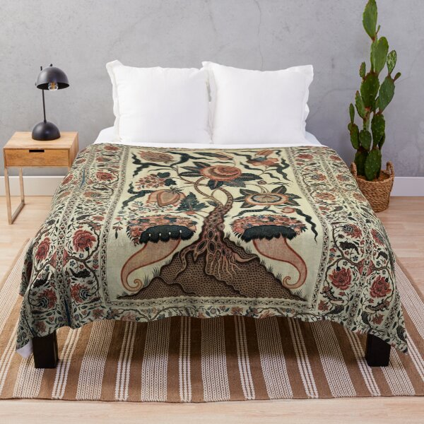 Item preview, TREE WITH BIG FLOWERS AND CORNUCOPIA Antique Embroidery in Green Brown Pink Ivory Hues designed and sold by BulganLumini.