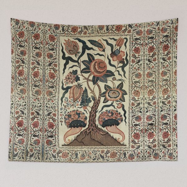 Item preview, TREE WITH BIG FLOWERS AND CORNUCOPIA Antique Embroidery in Green Brown Pink Ivory Hues designed and sold by BulganLumini.