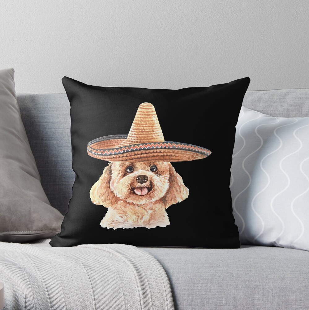 Watercolor Poodle Mexican Sombrero Hat Throw Pillow