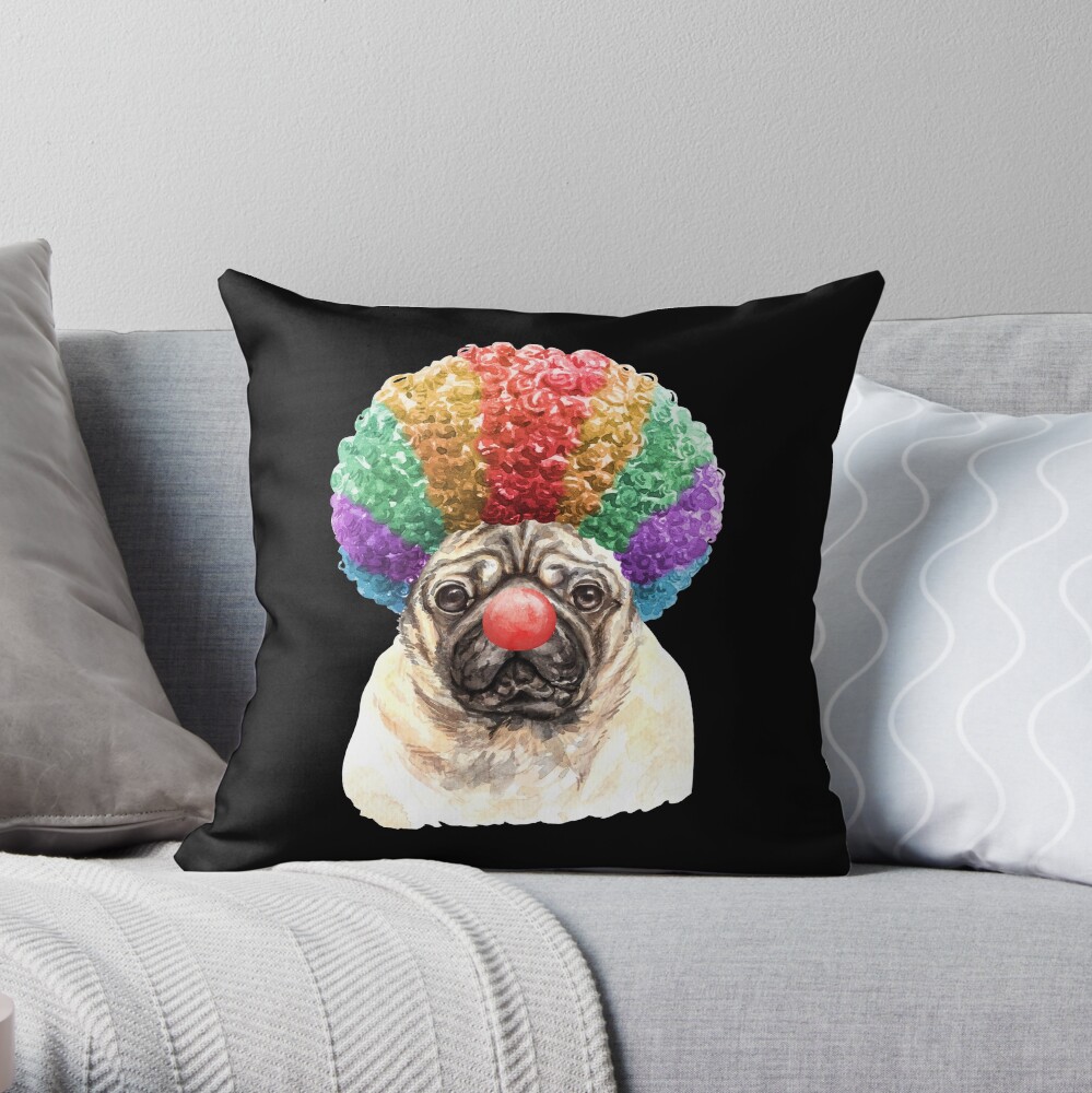 Watercolor Pug Clown Throw Pillow