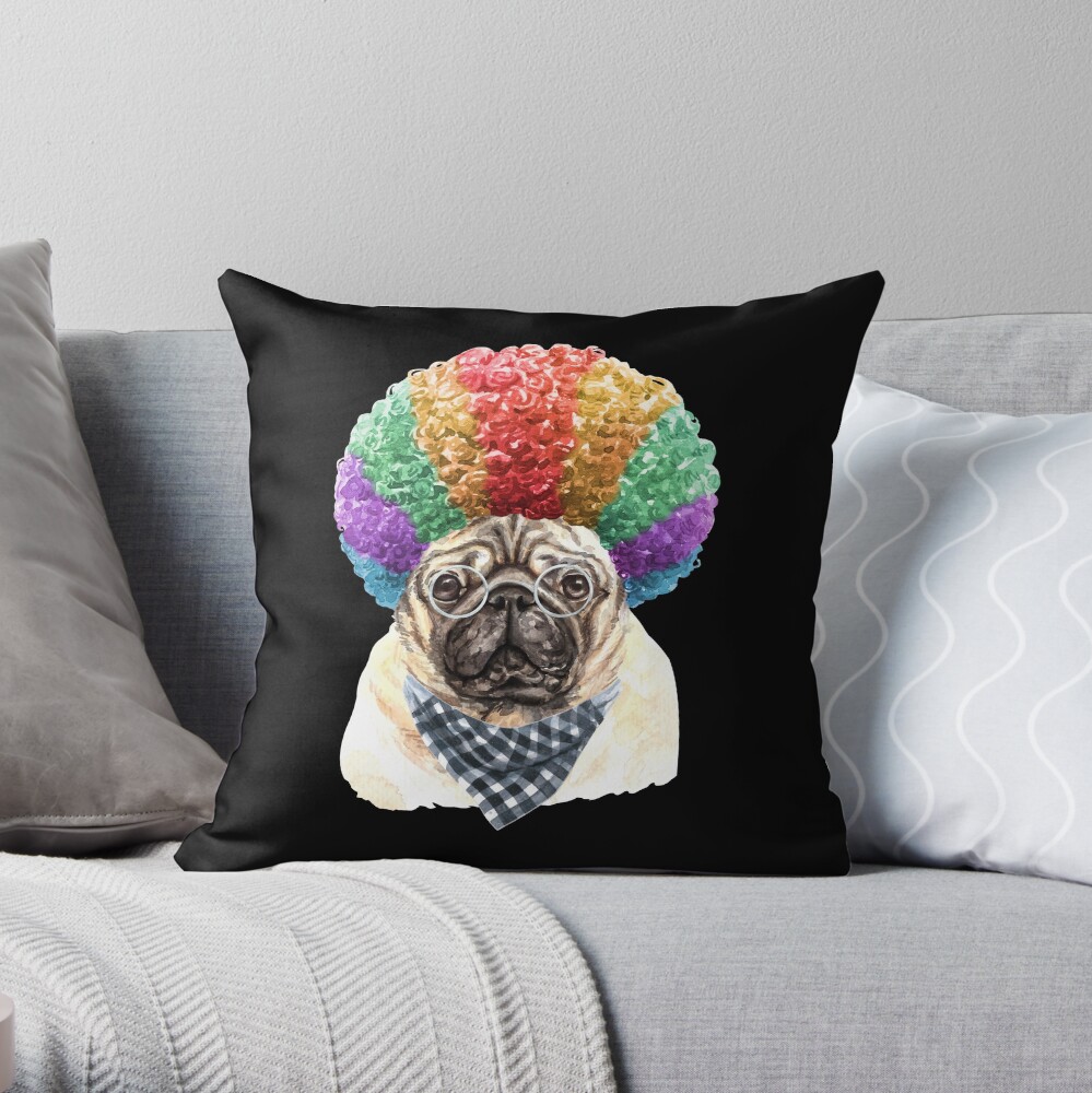 Watercolor Pug Clown Throw Pillow