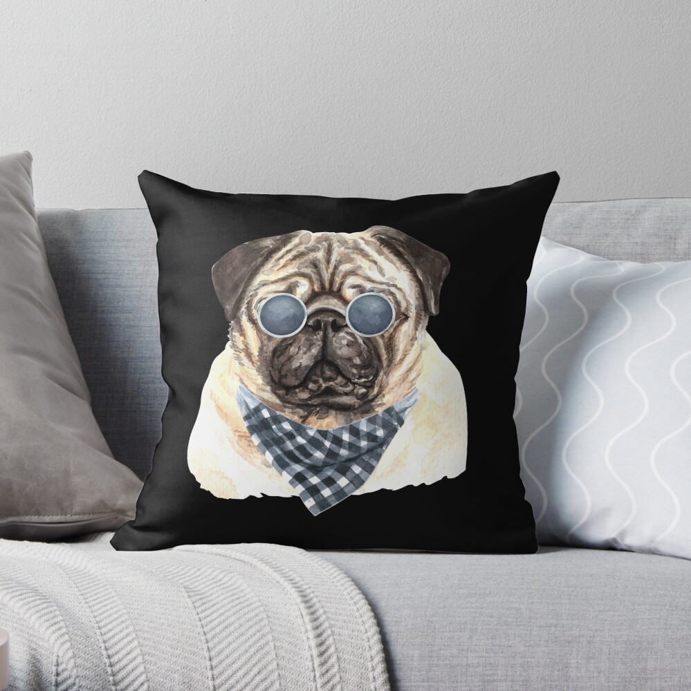 Watercolor Pug Cool Biker Throw Pillow