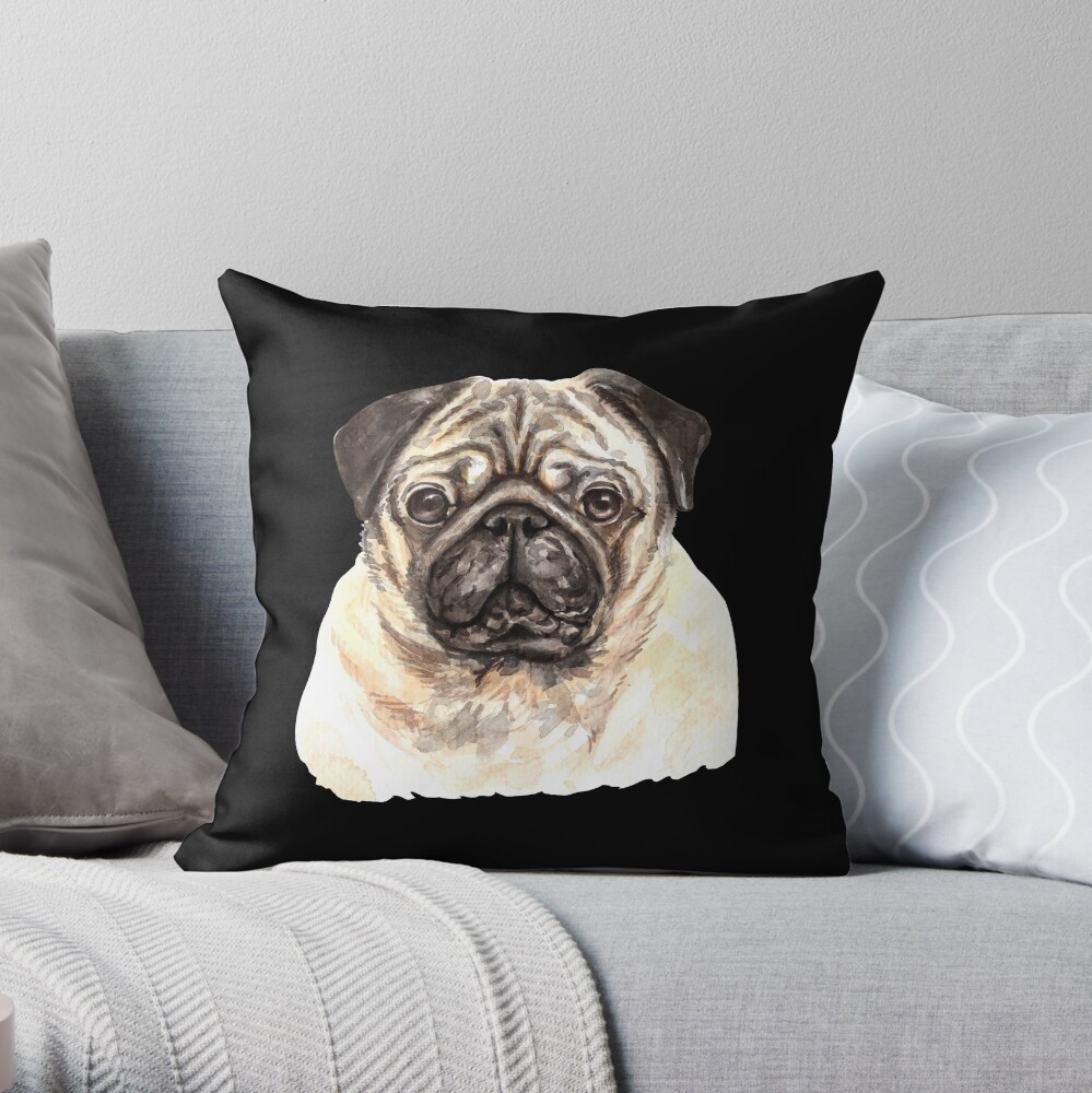 Watercolor Pug Dog Throw Pillow