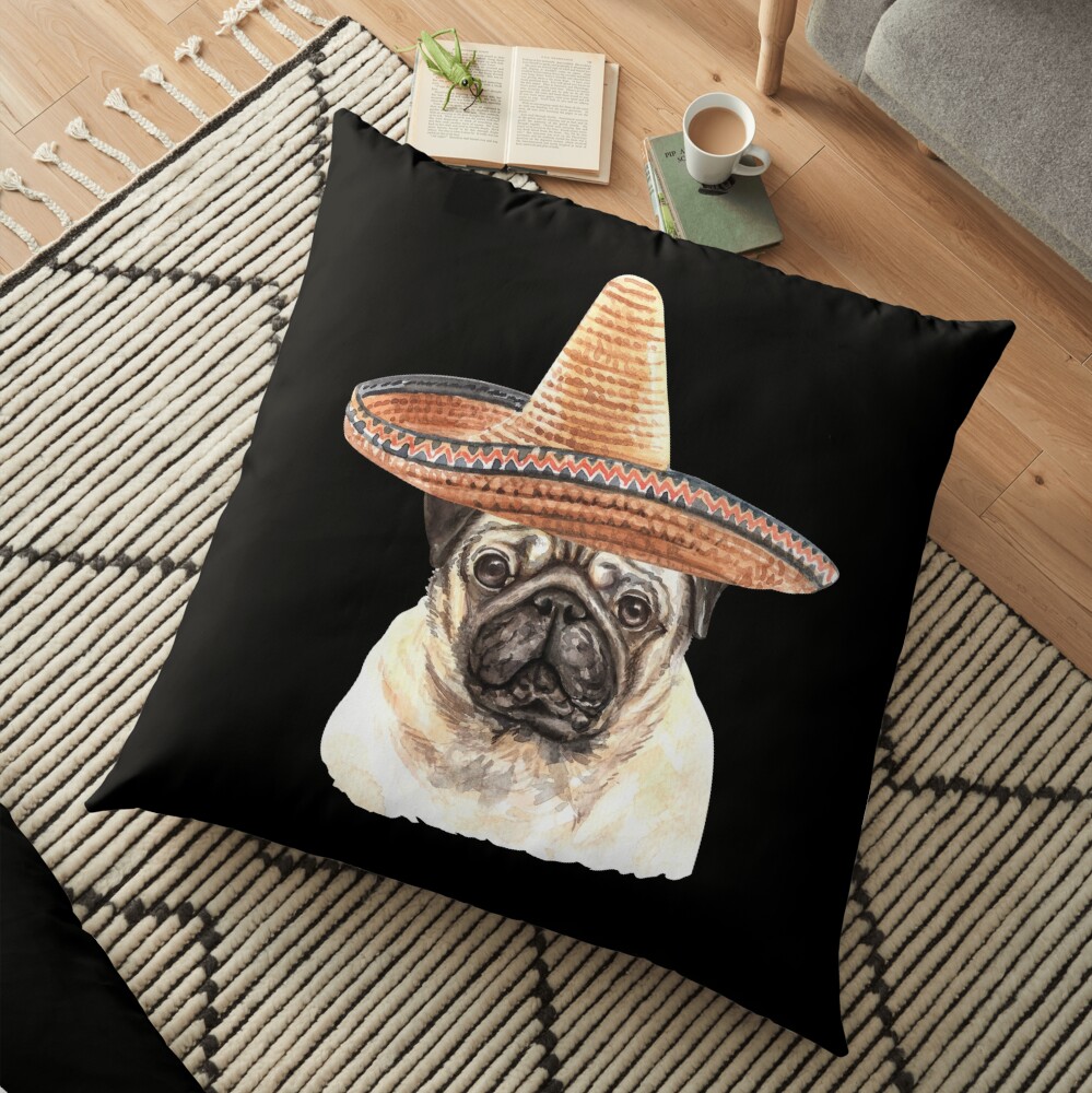 Watercolor Pug Mexican Sombrero Hat Floor Pillow