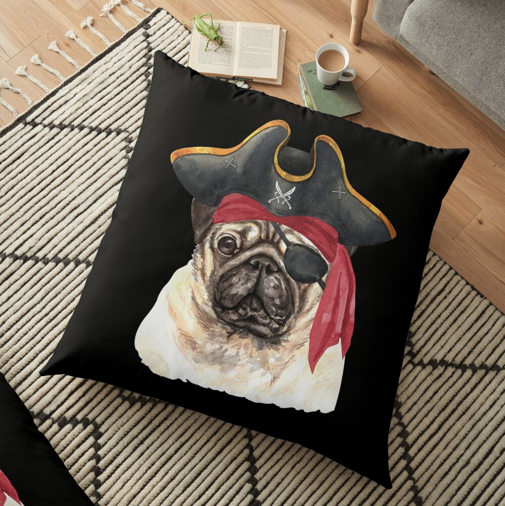 Watercolor Pug Pirate Hat Eye Patch Floor Pillow