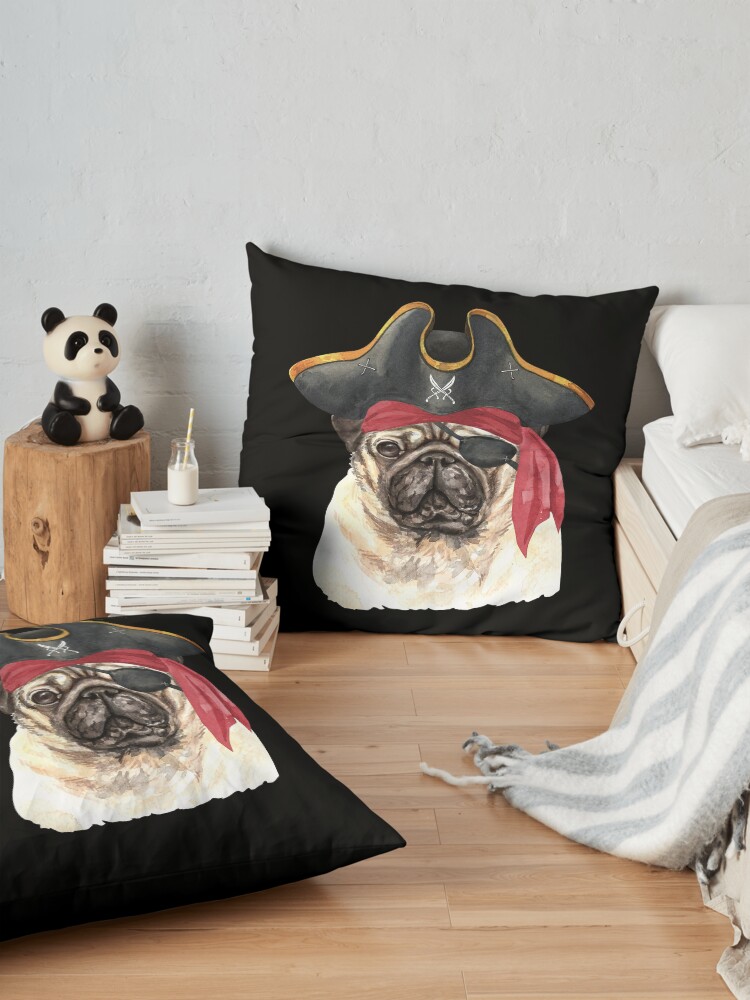 Alternate view of Watercolor Pug Pirate Hat Eye Patch Floor Pillow