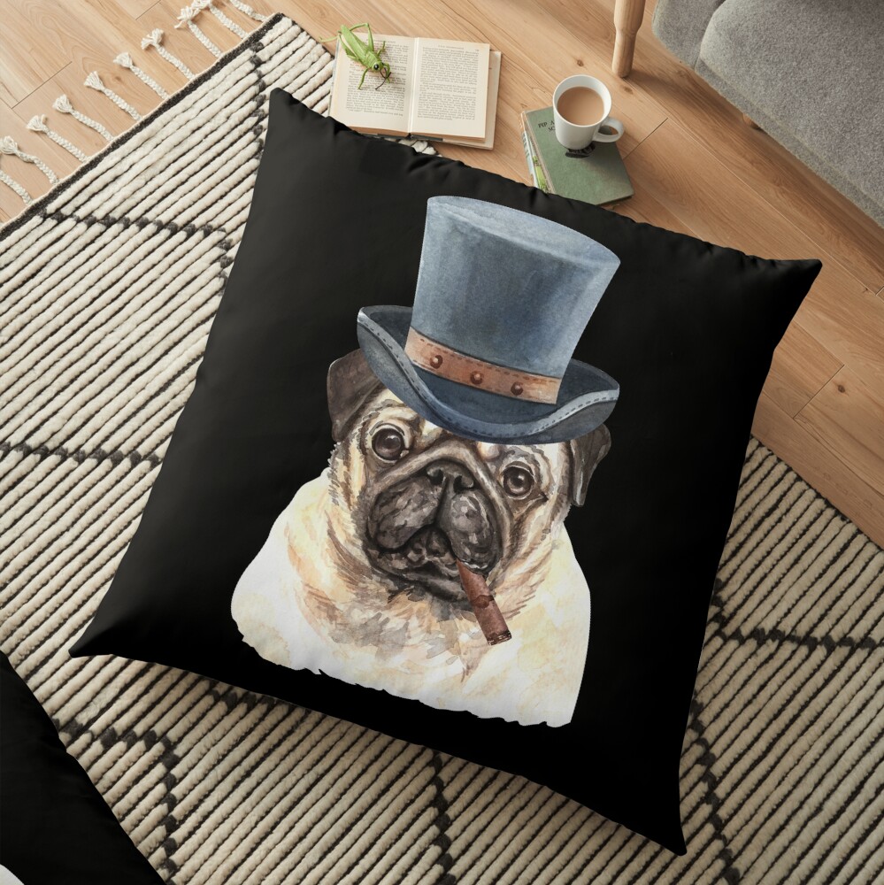 Watercolor Pug Top Hat Floor Pillow