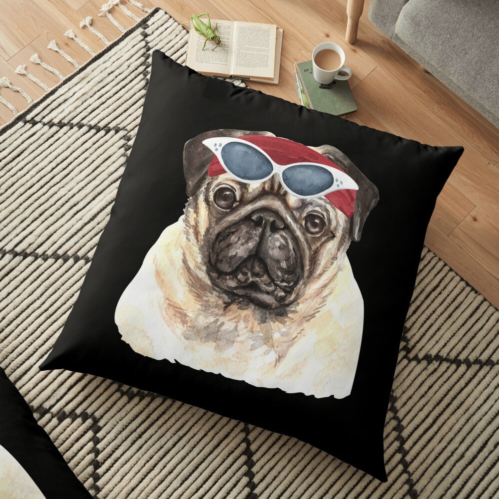 Watercolor Pug shades,gym,exercise, Floor Pillow