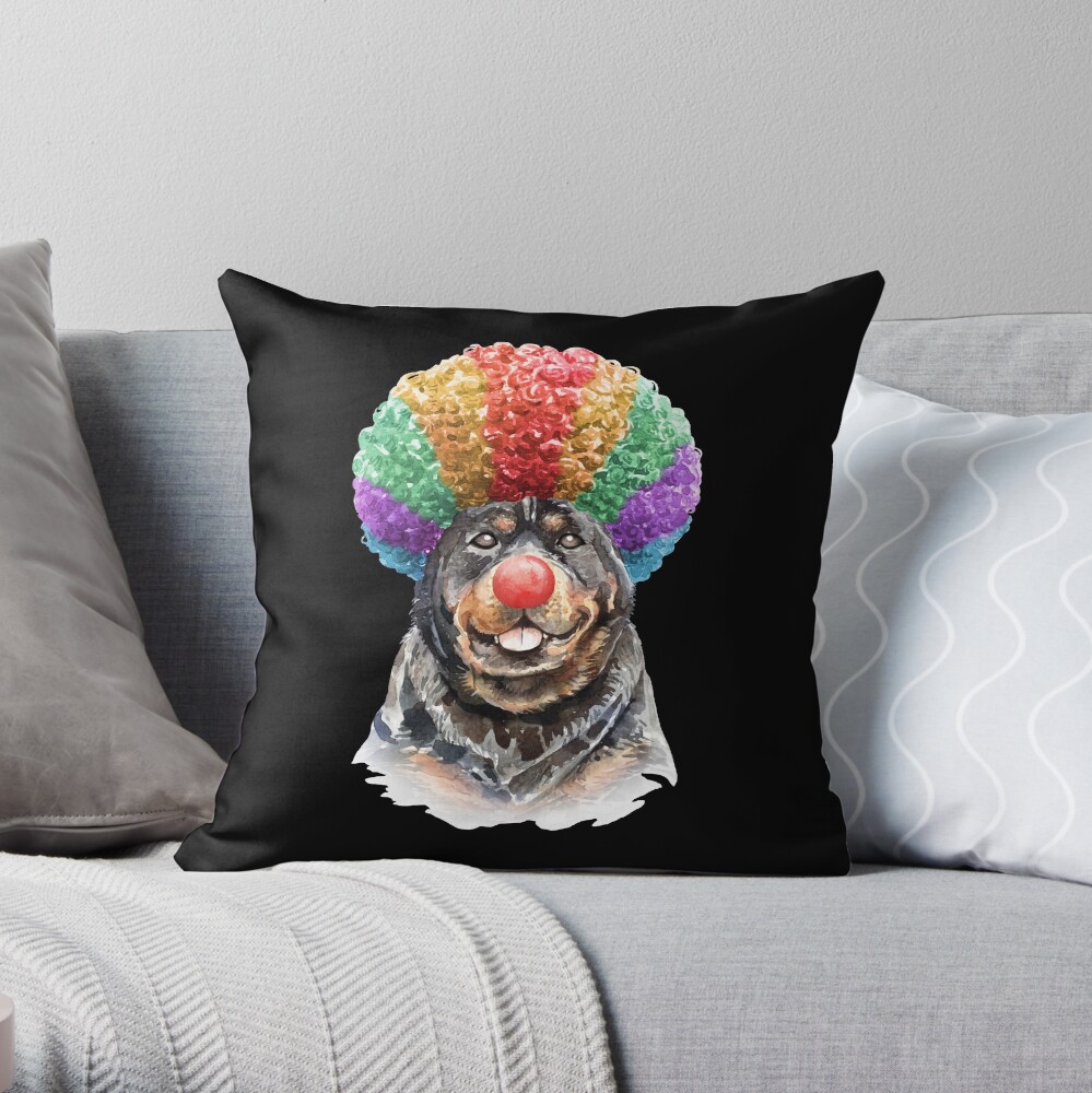 Watercolor Rottweiler Clown Throw Pillow
