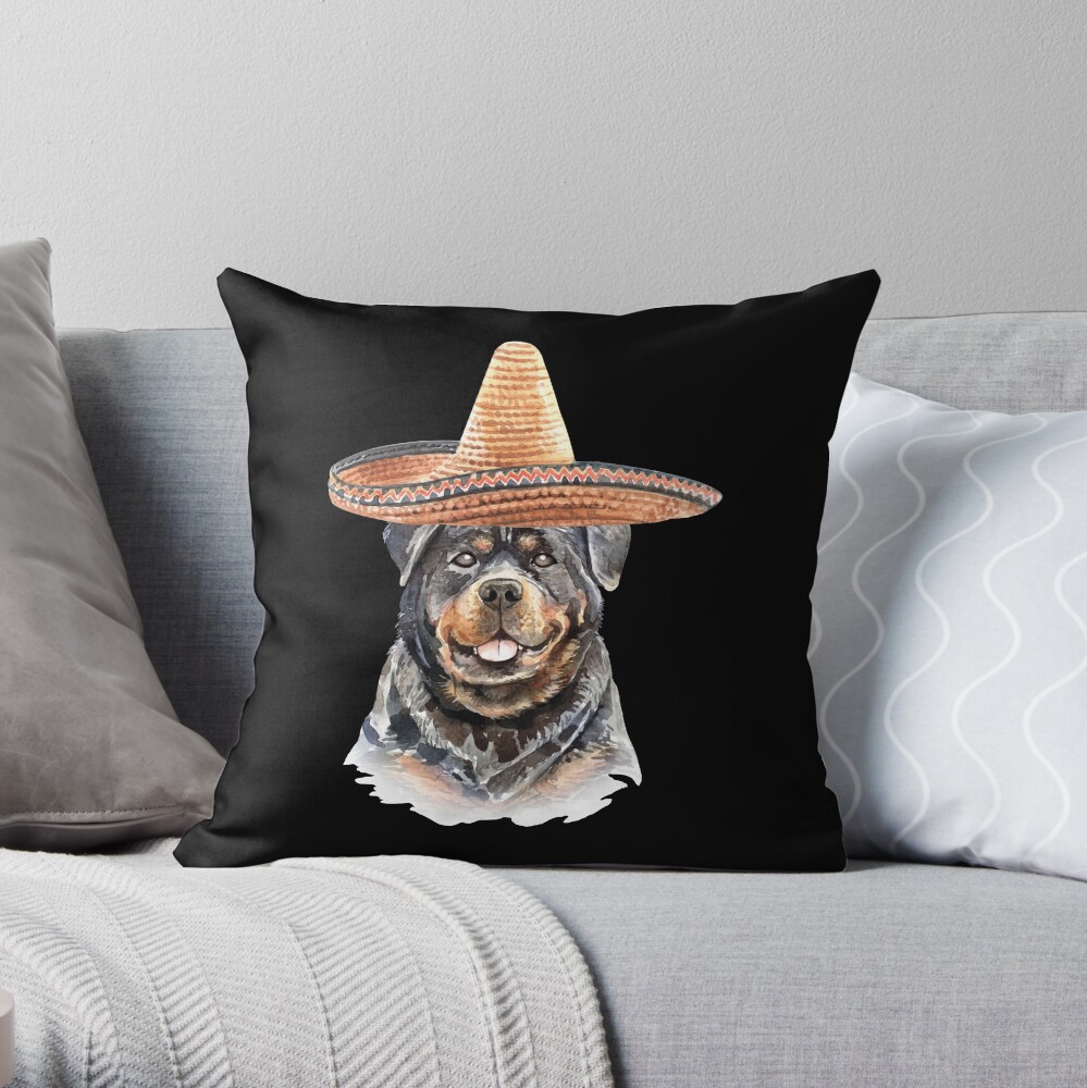 Watercolor Rottweiler Mexican Sombrero Hat Throw Pillow