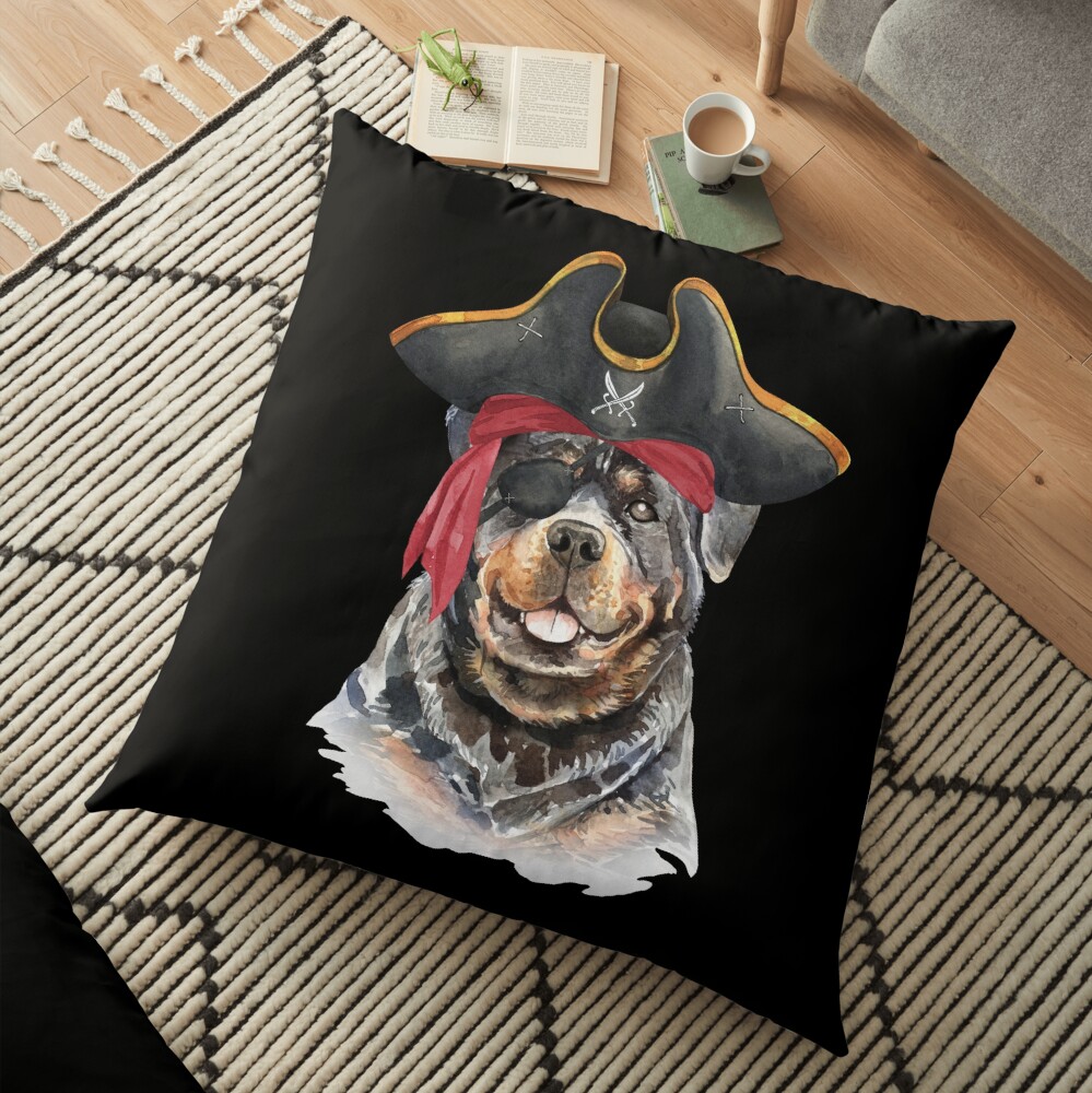 Watercolor Rottweiler Pirate Hat Eye Patch Floor Pillow