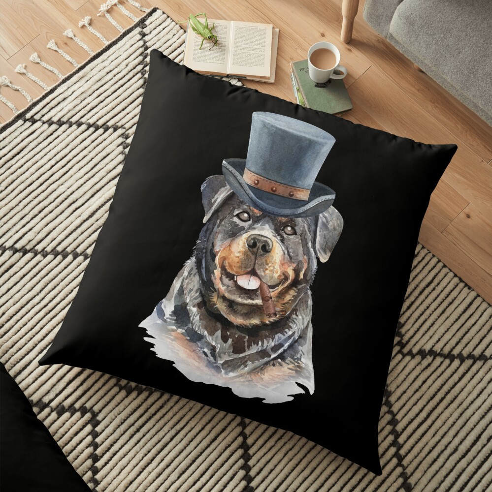 Watercolor Rottweiler Top Hat Floor Pillow