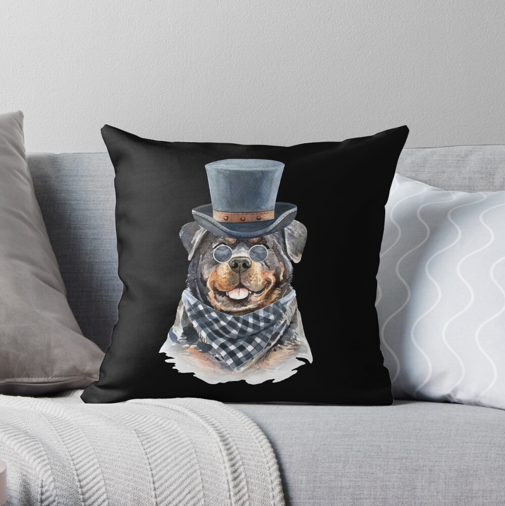 Watercolor Rottweiler Top Hat Throw Pillow