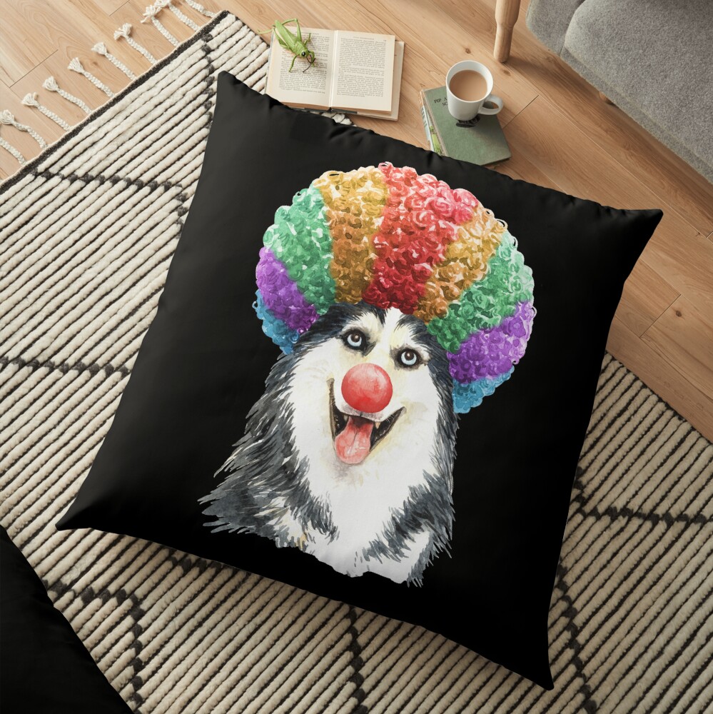 Watercolor Siberian Husky Clown Floor Pillow