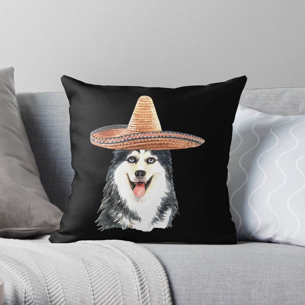 Watercolor Siberian Husky Mexican Sombrero Hat Throw Pillow