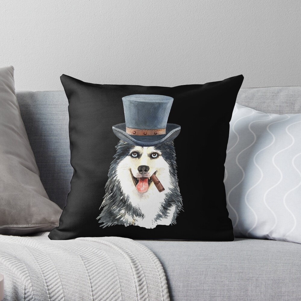 Watercolor Siberian Husky Top Hat Throw Pillow