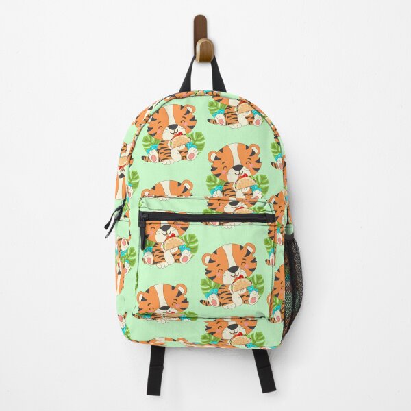Item preview, Orange bengal tiger eating taco in garden with cyan big flowers and beautiful leaves designed and sold by SGS-.