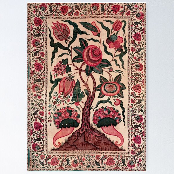 Item preview, TREE WITH BIG FLOWERS AND CORNUCOPIA Antique Red Pink Green Floral Embroidery  designed and sold by BulganLumini.