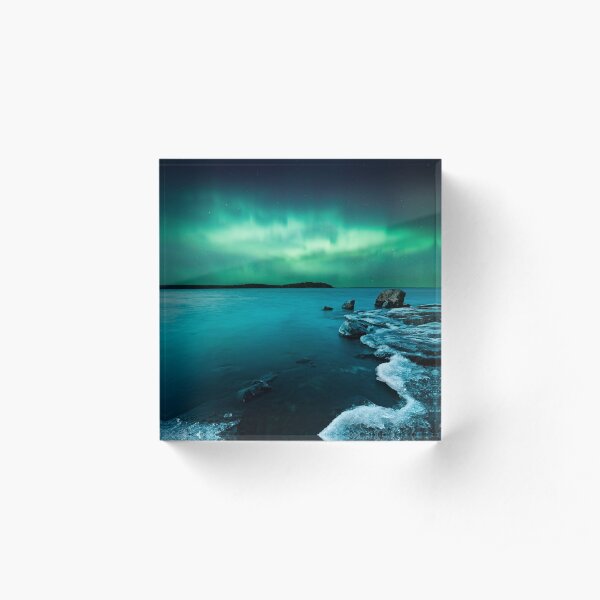 Ice on the lake shore and northern lights landscape Acrylic Block