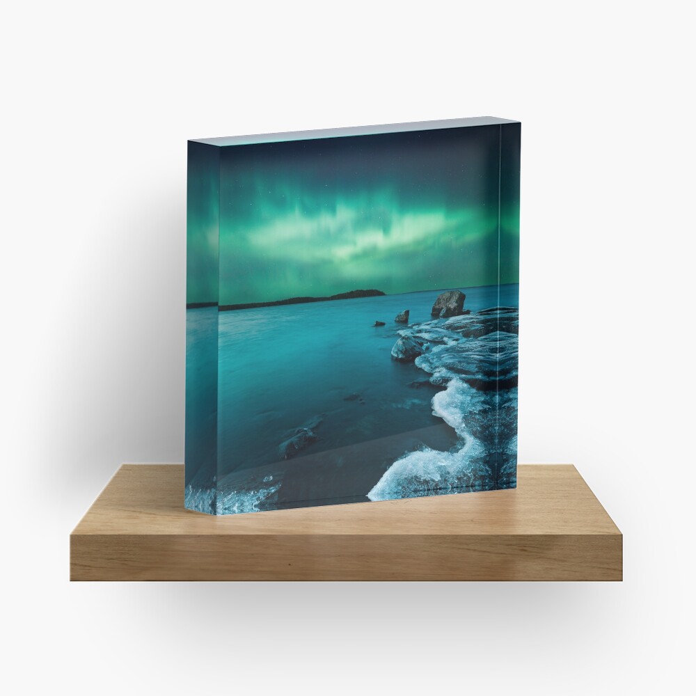Ice on the lake shore and northern lights landscape Acrylic Block