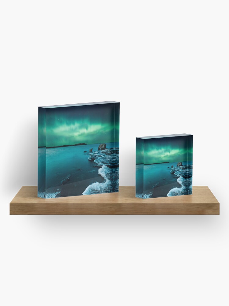 Alternate view of Ice on the lake shore and northern lights landscape Acrylic Block