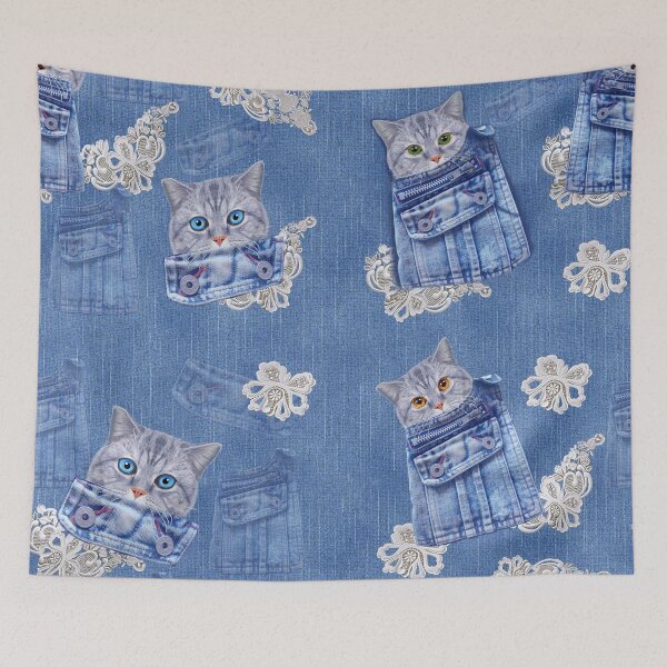 Item preview, Denim Jeans with Kittens and Lace Repeats Fabric designed and sold by NadineMay.