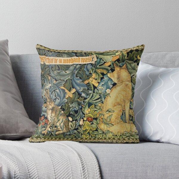 GREENERY, FOREST ANIMALS ,FOX AND HARE Blue Green Floral  Throw Pillow