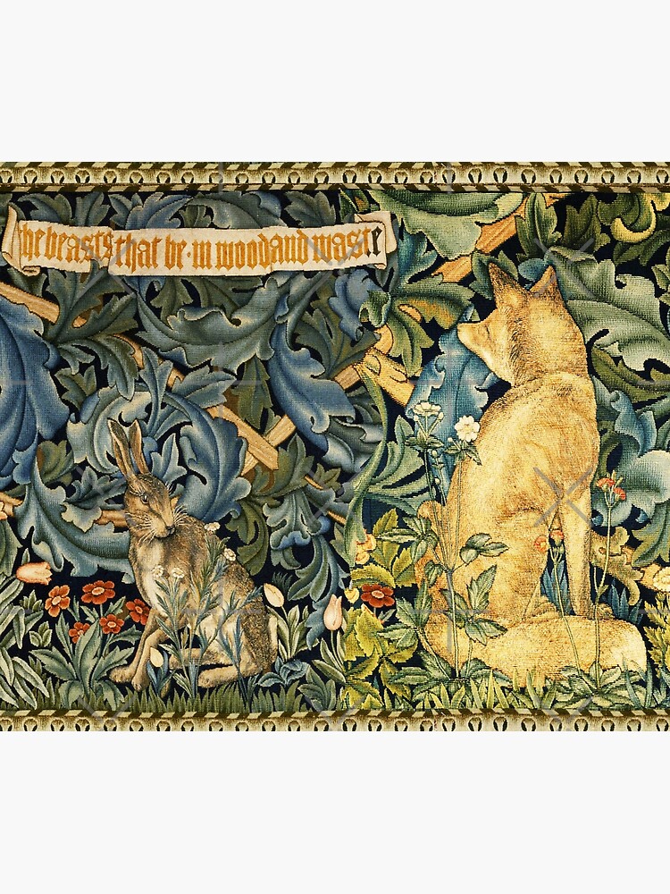 GREENERY, FOREST ANIMALS Fox and Hares Blue Green Floral Tapestry