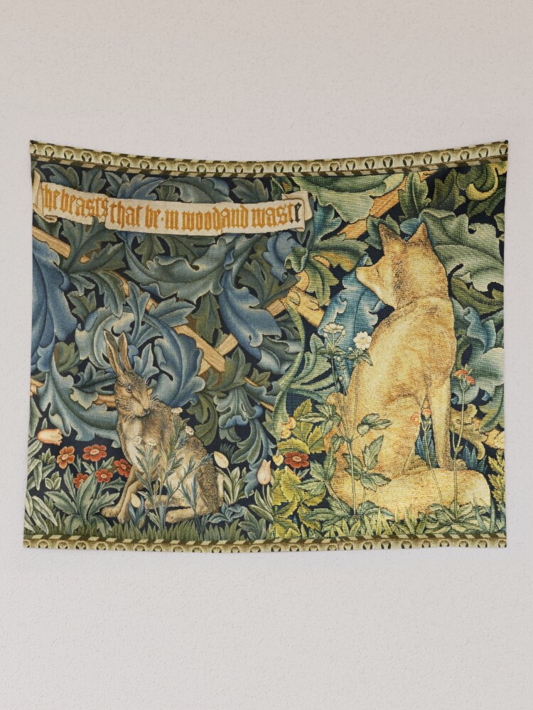 GREENERY, FOREST ANIMALS Fox and Hares Blue Green Floral Tapestry