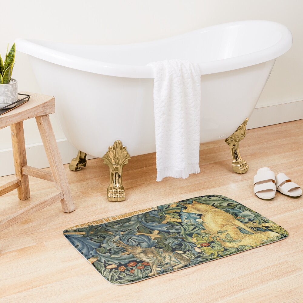 GREENERY, FOREST ANIMALS ,FOX AND HARE Blue Green Floral  Bath Mat