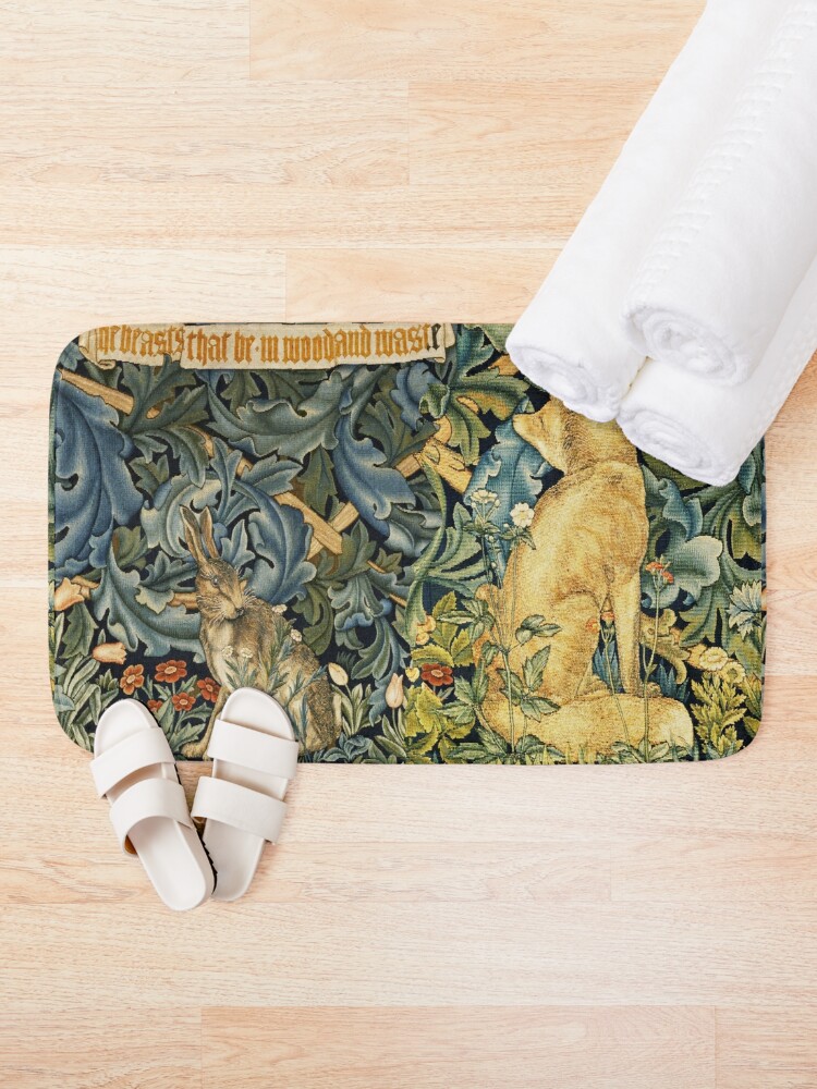 Alternate view of GREENERY, FOREST ANIMALS ,FOX AND HARE Blue Green Floral  Bath Mat