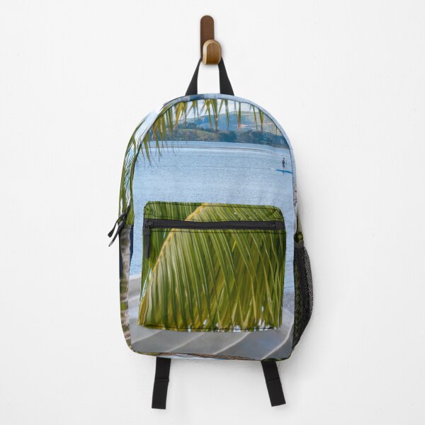 Item preview, Tropical garden frames view over white clinker dinghy to bay with stand-up paddle-boarder in distance. designed and sold by Brian Scantlebury.